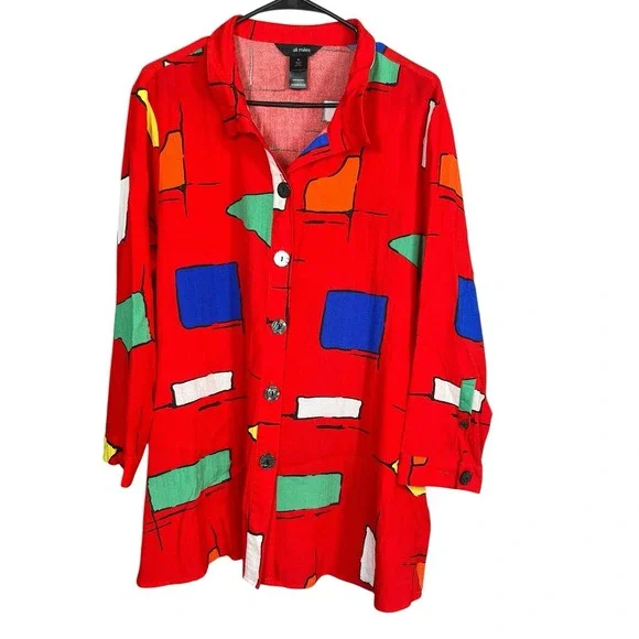 Ali Miles Red Geometric Abstract Button Front‎ Tunic Wired Collar Art to Wear XL - Picture 2 of 11